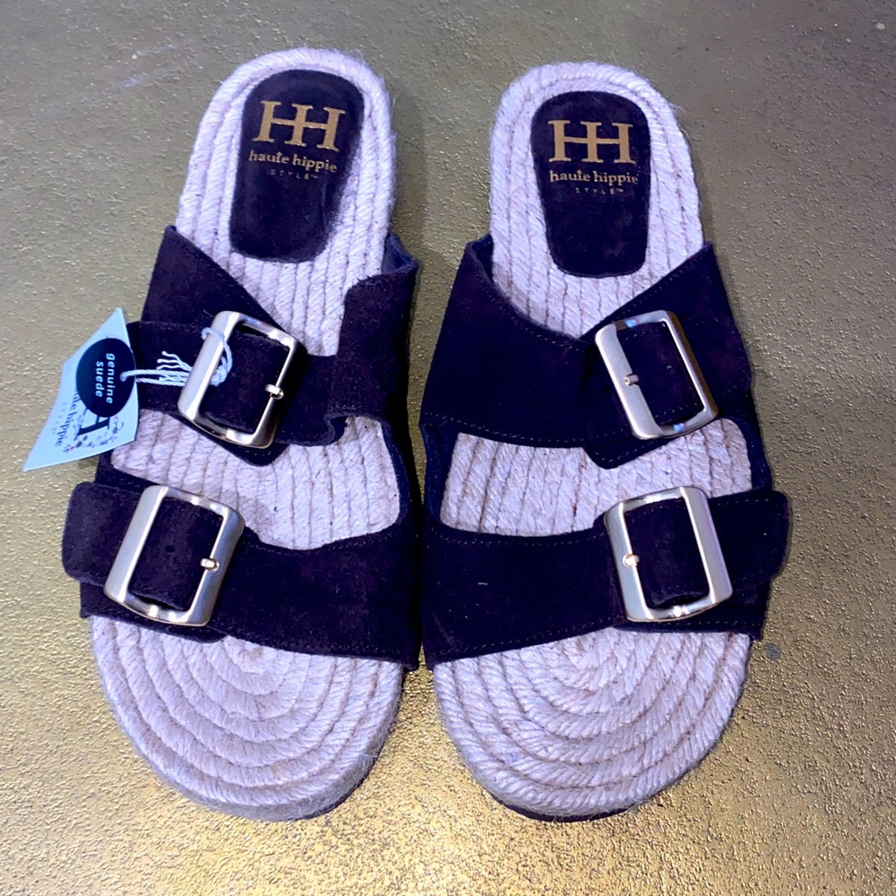 Haute Hippie Women's Brown Suede Double Buckle Espadrille Slide Sandals‎